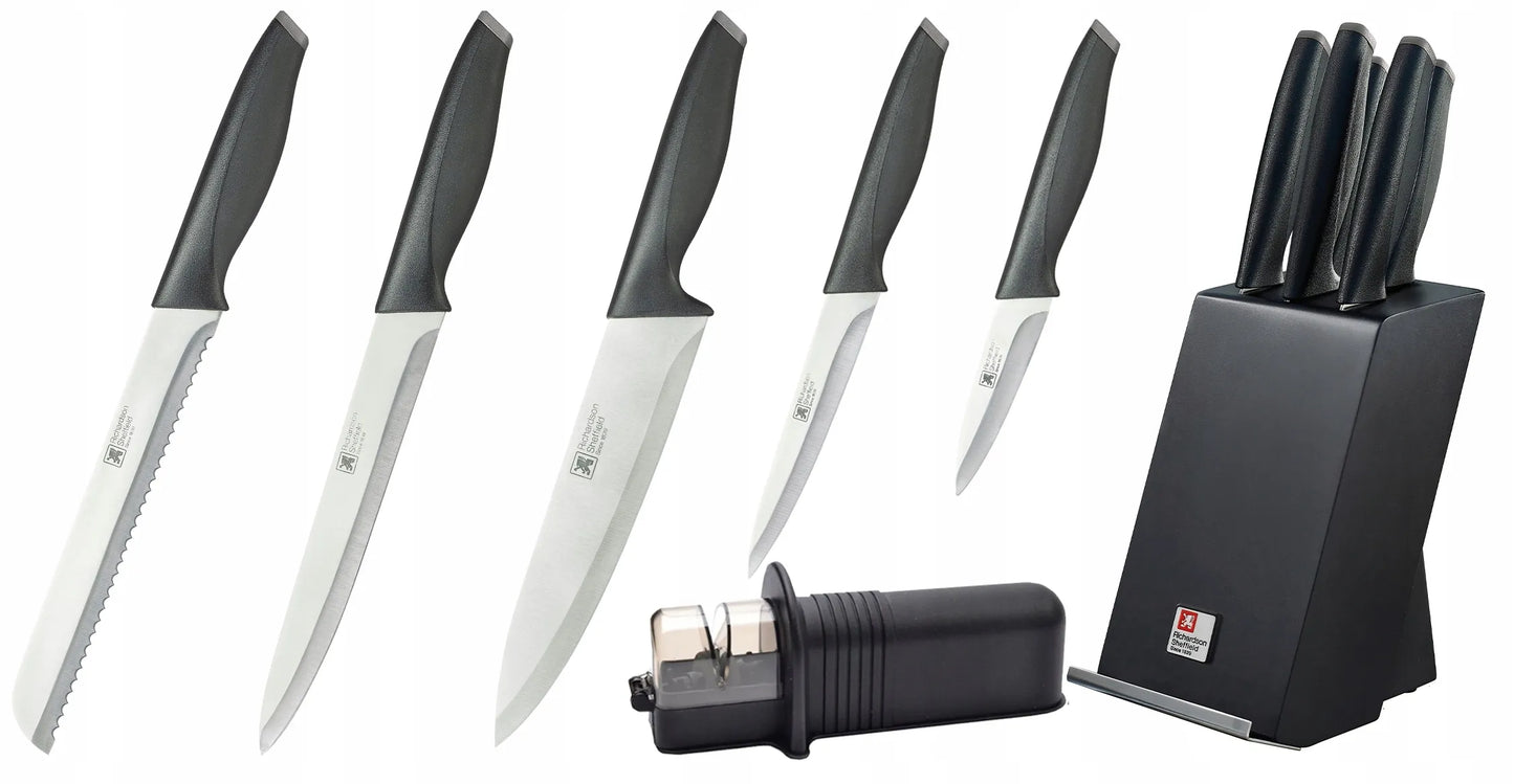 5 peilių rinkinys juodame stove + Fiskars galąstuvas