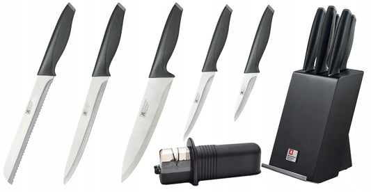 5 peilių rinkinys juodame stove + Fiskars galąstuvas