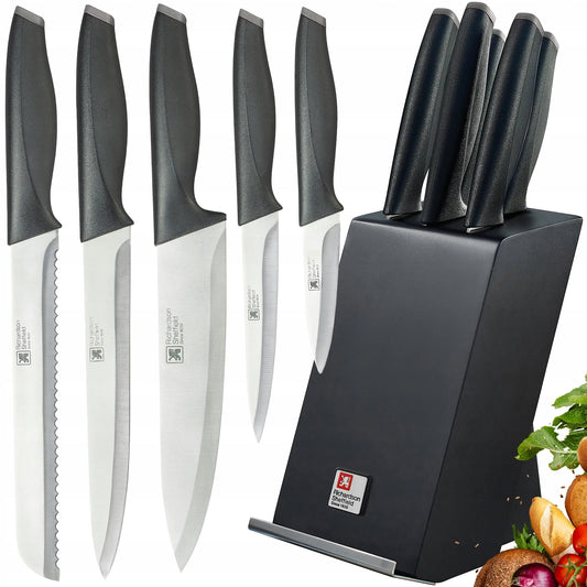 5 peilių rinkinys juodame stove + Fiskars galąstuvas