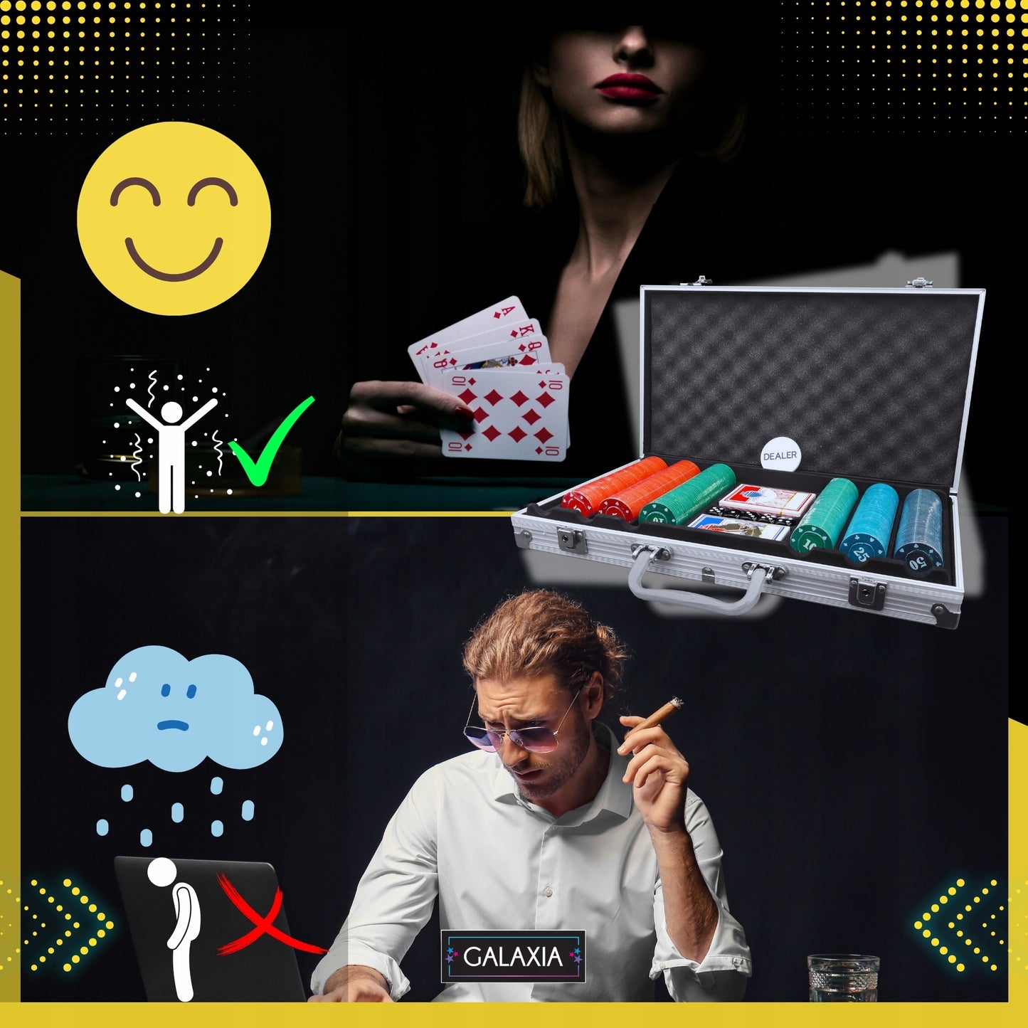 Pokerio rinkinys su 500 žetonų, kortomis ir lagaminu