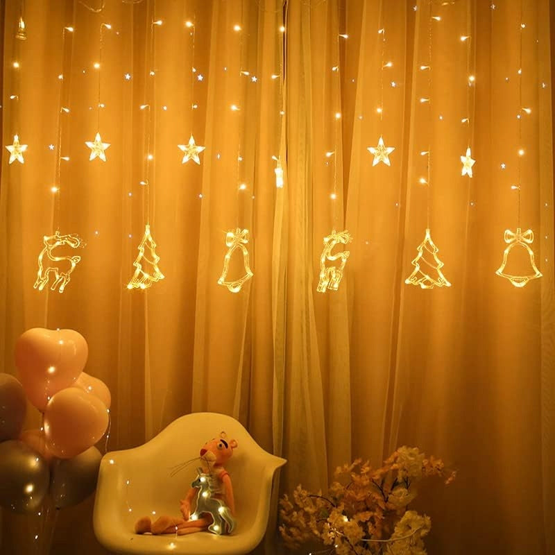 Kalėdinė girlianda užuolaida su briedžiais, elniukais, varpeliais ir eglutėmis