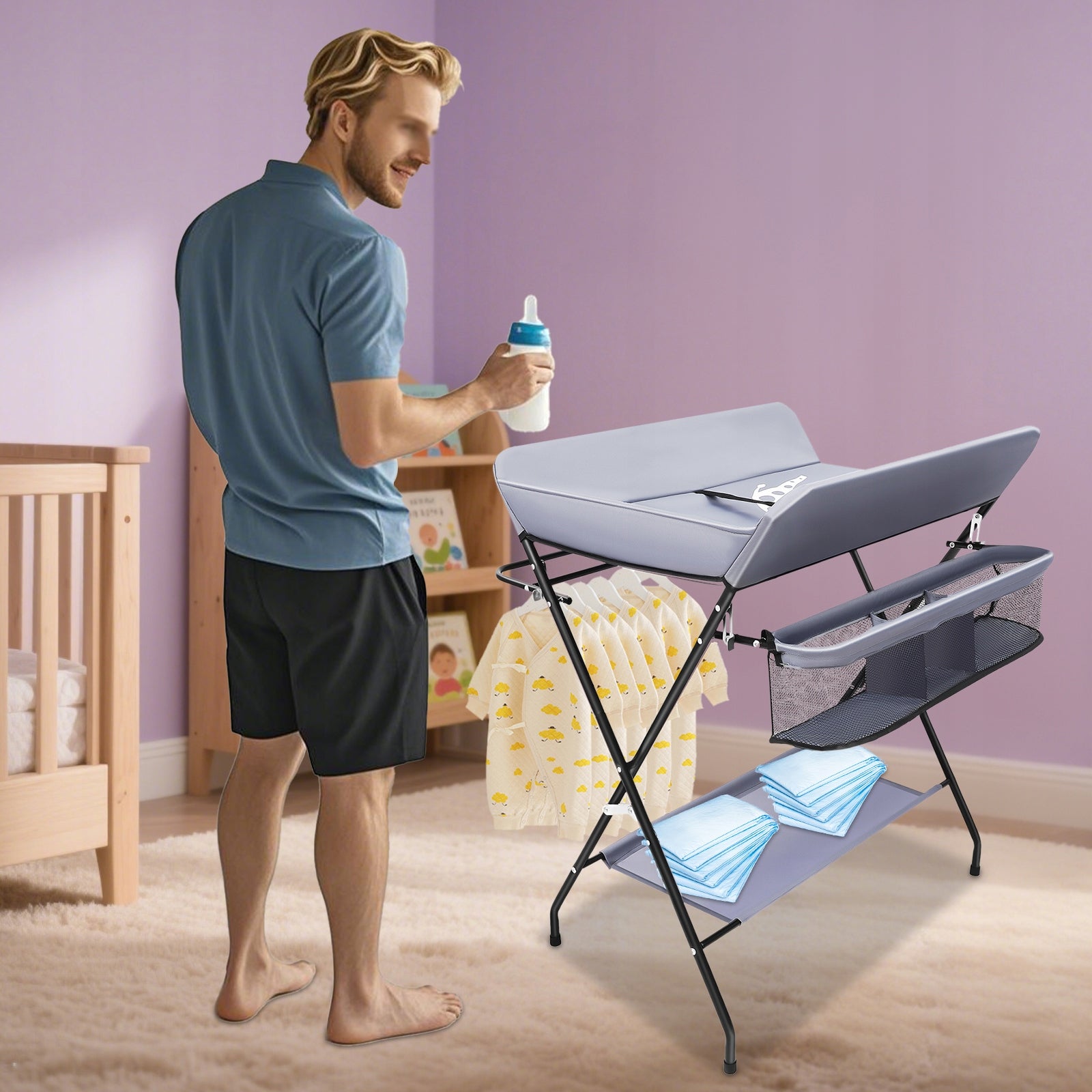 57x80x96cm Tamsiai pilka Sulankstoma pervystymo lentelė naujagimiams