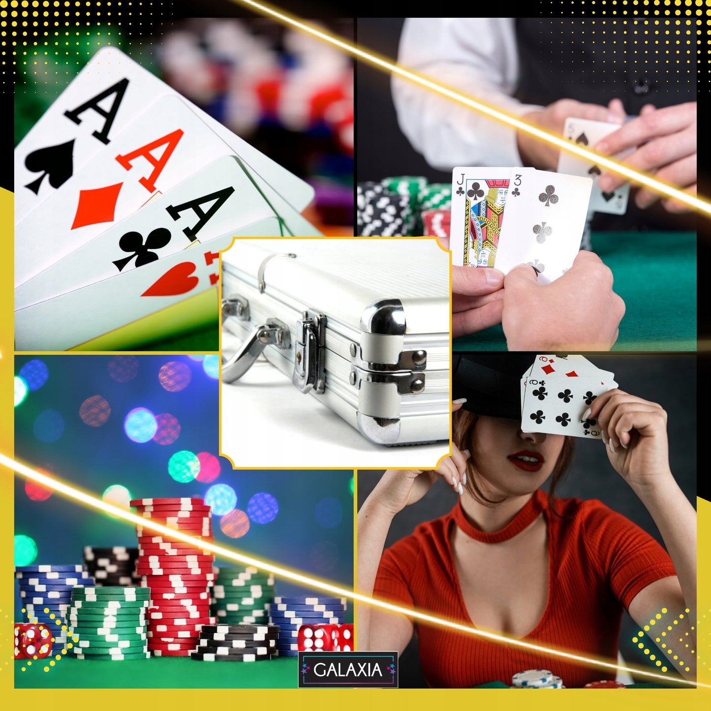 Pokerio rinkinys su 500 žetonų, kortomis ir lagaminu