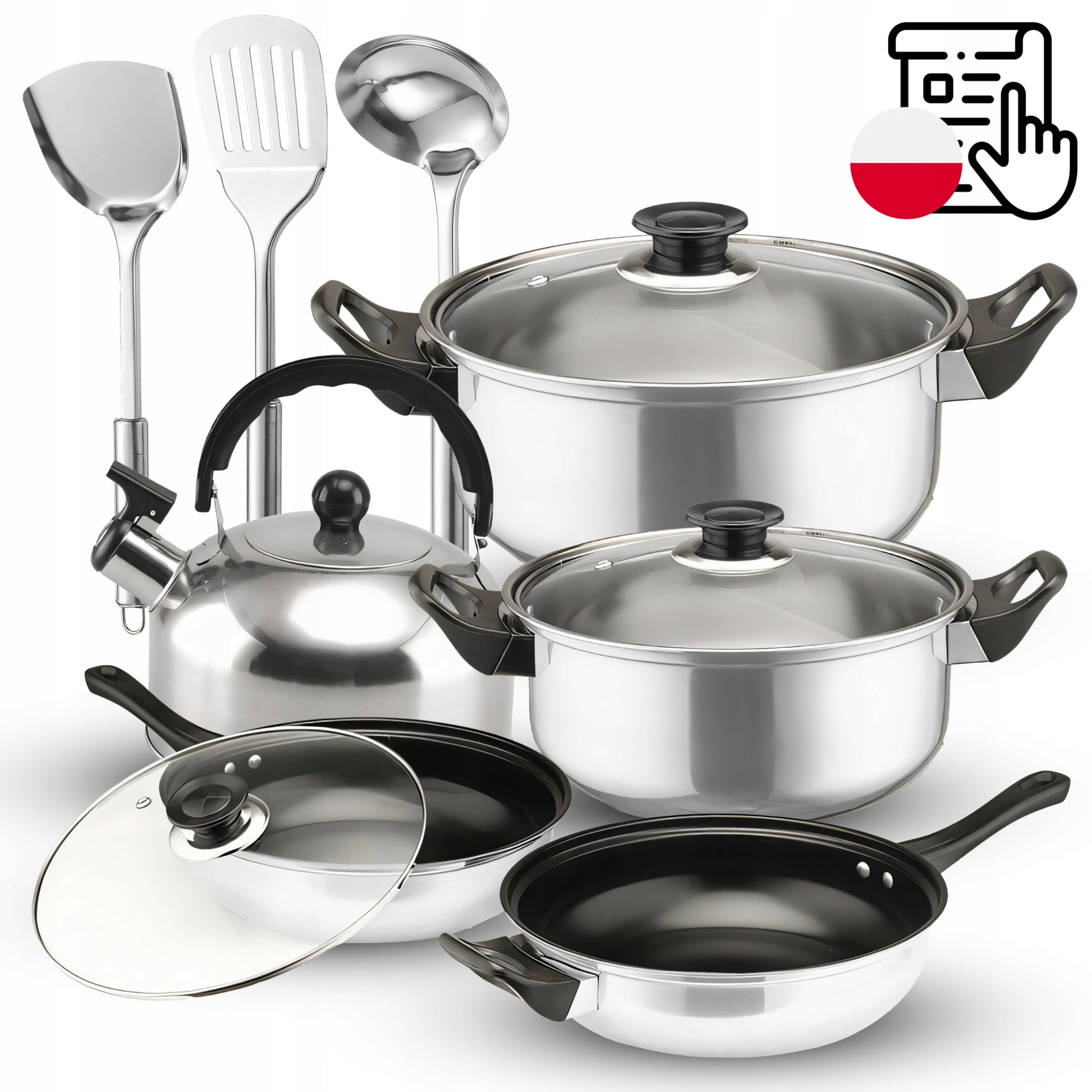 11 ELEMENTŲ VIRTUVĖS INDŲ IR PRIEDŲ RINKINYS DUJINGAI/INDUKCINEI VIRYKLĖI KETILAS KEPTUVĖ