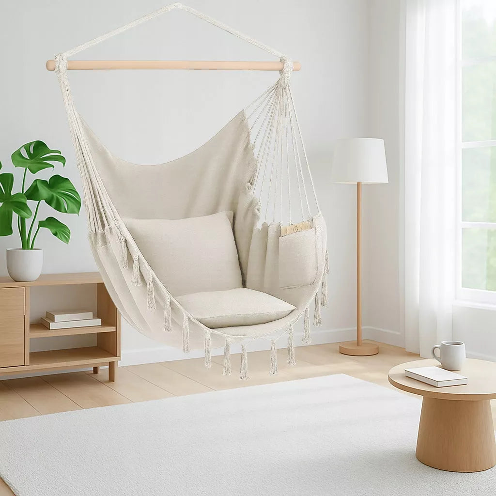 Pakabinamas BOHO krėslas Braziliška kėdė Sodo hamakas balkonui ŠVIESIAI SMĖLINĖ