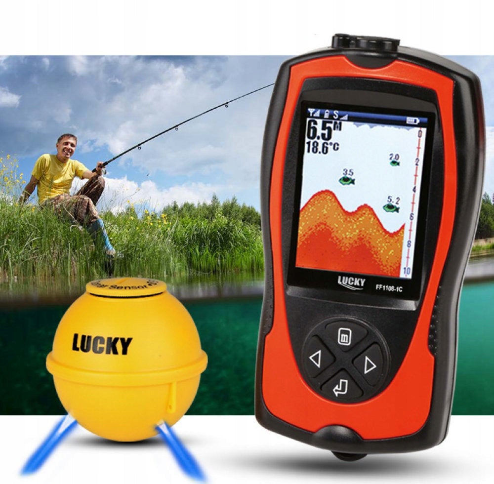 Belaidis žvejybinis echolotas LUCKY 100m su pavojaus signalu, skirtas žvejybiniams laiveliams