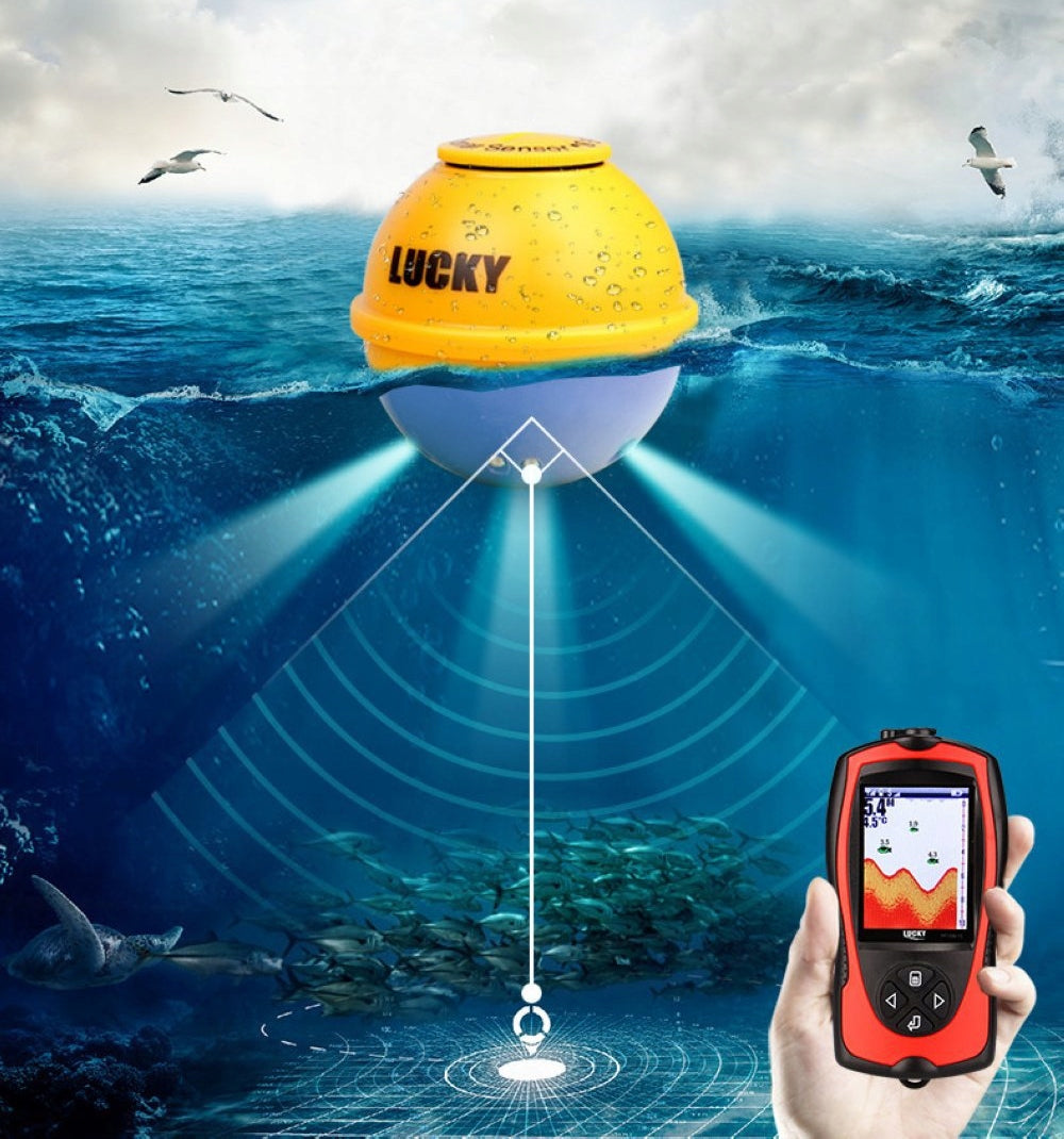 Belaidis žvejybinis echolotas LUCKY 100m su pavojaus signalu, skirtas žvejybiniams laiveliams