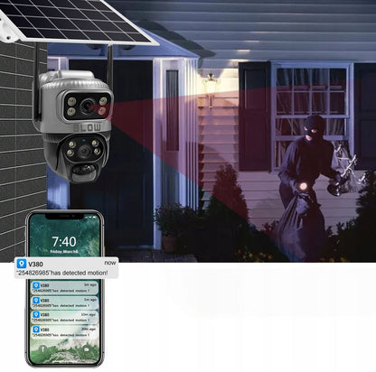 Saulės energija maitinama lauko WiFi IP kamera, 4MP, 2 objektyvai, belaidė, išmanioji, IP66