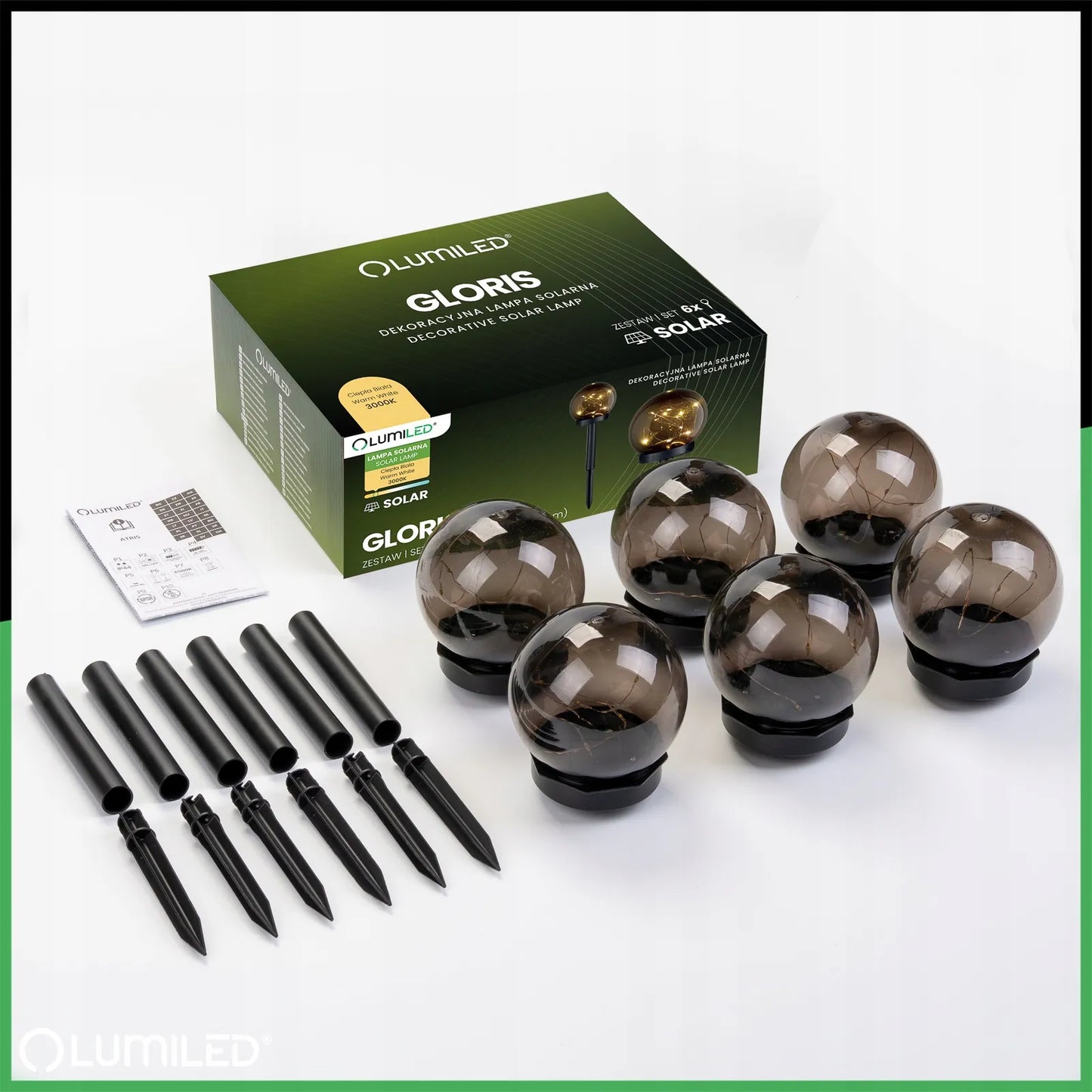 6x LED saulės sodo lempa 10cm įsmeigiama dekoratyvinė rūkyto stiklo rutulio formos