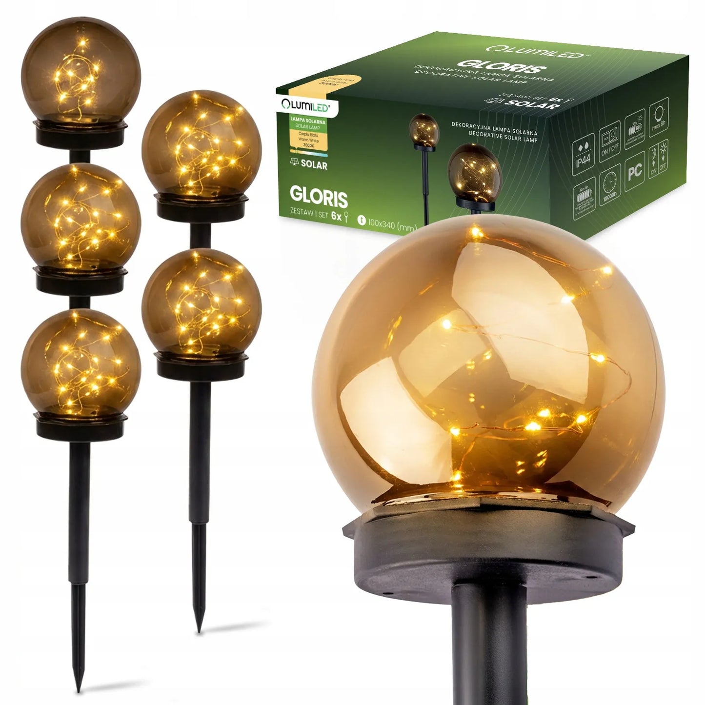 6x LED saulės sodo lempa 10cm įsmeigiama dekoratyvinė rūkyto stiklo rutulio formos