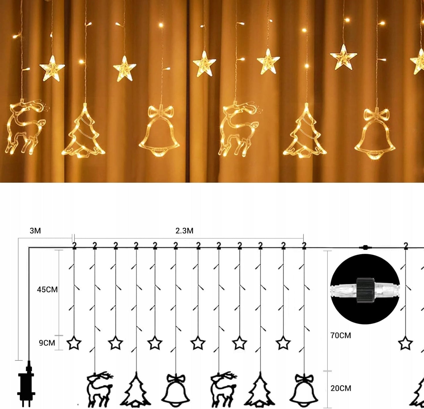 Kalėdinė girlianda užuolaida su briedžiais, elniukais, varpeliais ir eglutėmis