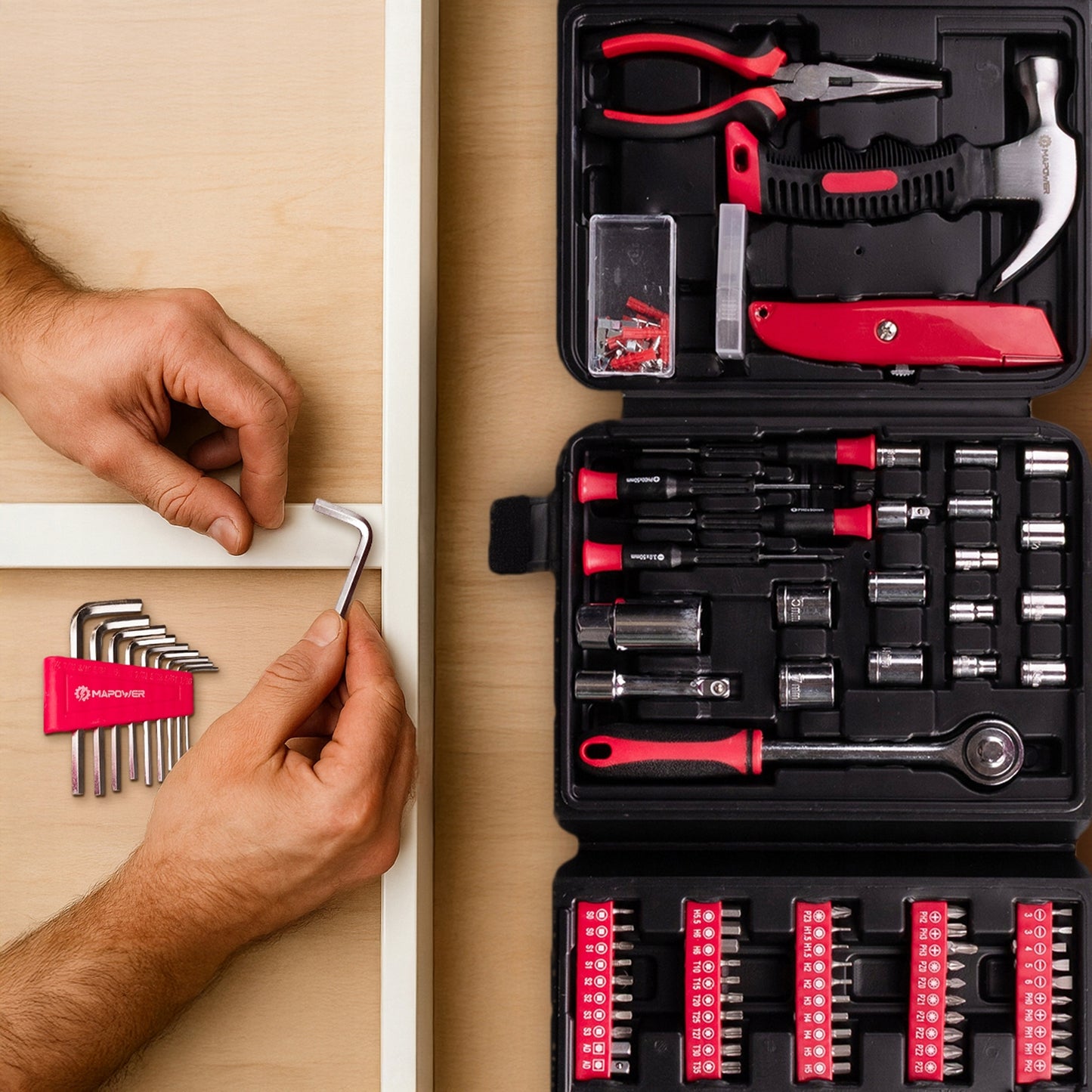 ĮRANKIŲ RINKINYS RAKTAI ĮRANKIŲ DĖŽUTĖ CRV GALVUTĖS ANGALAI 165 ELE MAPOWER