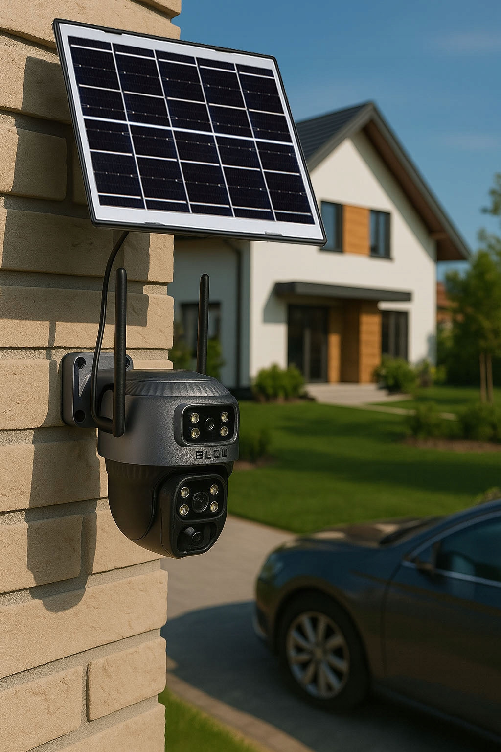 Saulės energija maitinama lauko WiFi IP kamera, 4MP, 2 objektyvai, belaidė, išmanioji, IP66