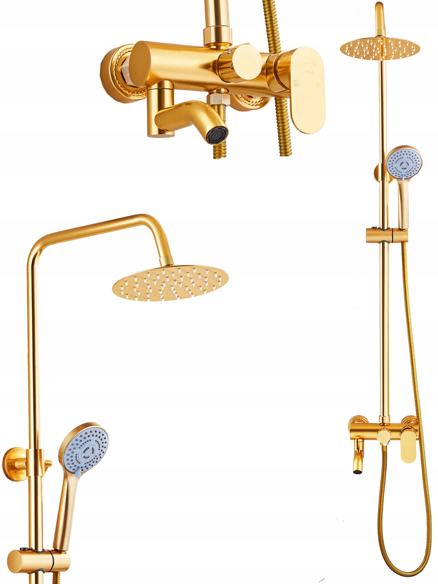 Auksinis Dušo Komplektas, Stulpas, Maišytuvas, Lietaus Galvutė, Dušelis 1,5m, Loft, CE
