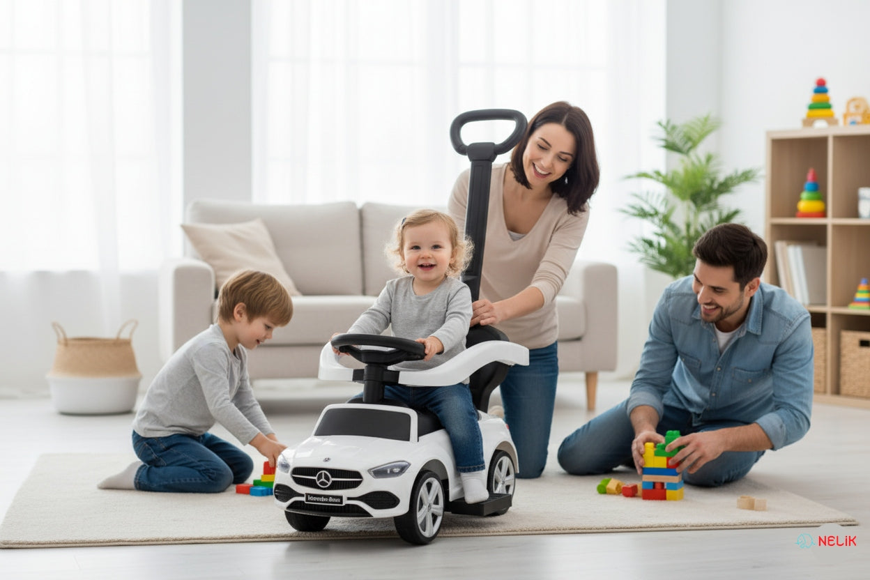 3in1 VAIKIŠKAS AUTOMOBILIS MERCEDES AMG, STUMDUKAS, VAIKŠTYNĖ, MAŠINYTYTĖ SU MINKŠTA SĖDYNE