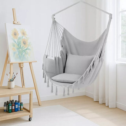 BOHO stiliaus pakabinamas krėslas braziliškas hamakas sodui ir balkonui PILKAS