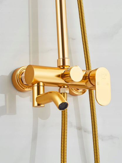 Auksinis Dušo Komplektas, Stulpas, Maišytuvas, Lietaus Galvutė, Dušelis 1,5m, Loft, CE