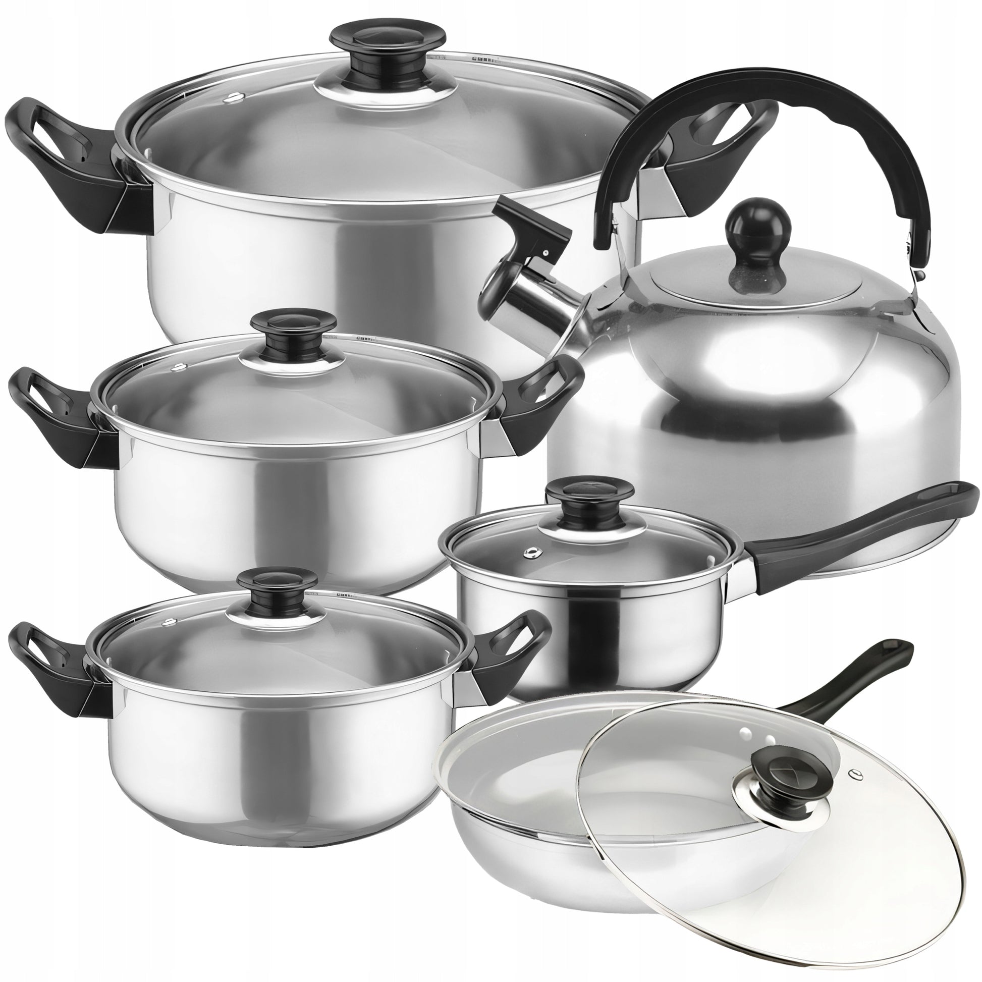 11 VIENETŲ VIRTUVĖS PUODŲ KOMPLEKTAS DUJOMS, INDUKCIJAI, ARBATINUKAS, KEPTUVĖ + DANGČIAI