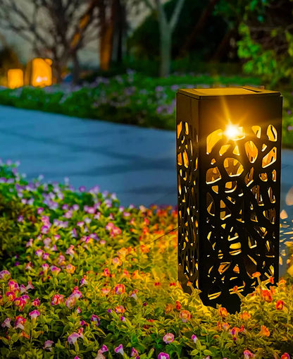 8 szt. Solarna lampa LED do wbijania w ziemię, ogrodowa latarnia ażurowa, barwa CIEPŁA