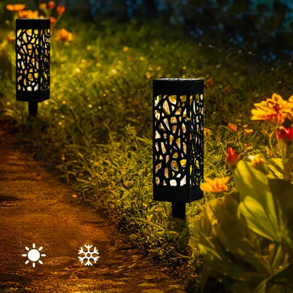 8 szt. Solarna lampa LED do wbijania w ziemię, ogrodowa latarnia ażurowa, barwa CIEPŁA