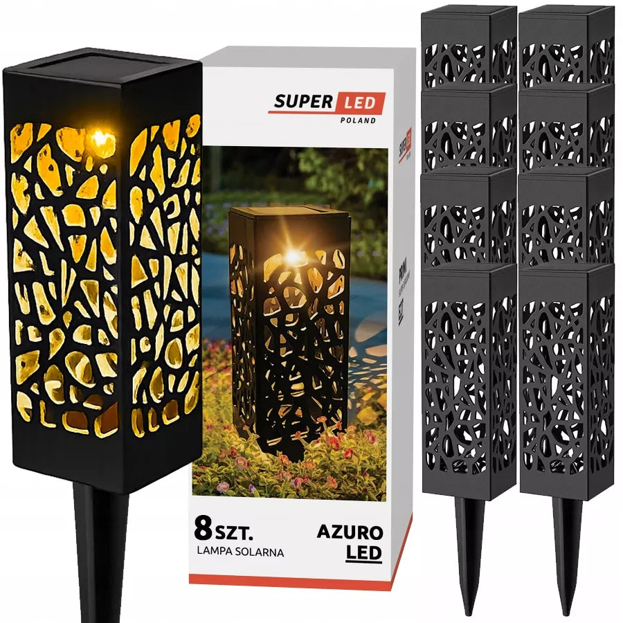 8 szt. Solarna lampa LED do wbijania w ziemię, ogrodowa latarnia ażurowa, barwa CIEPŁA