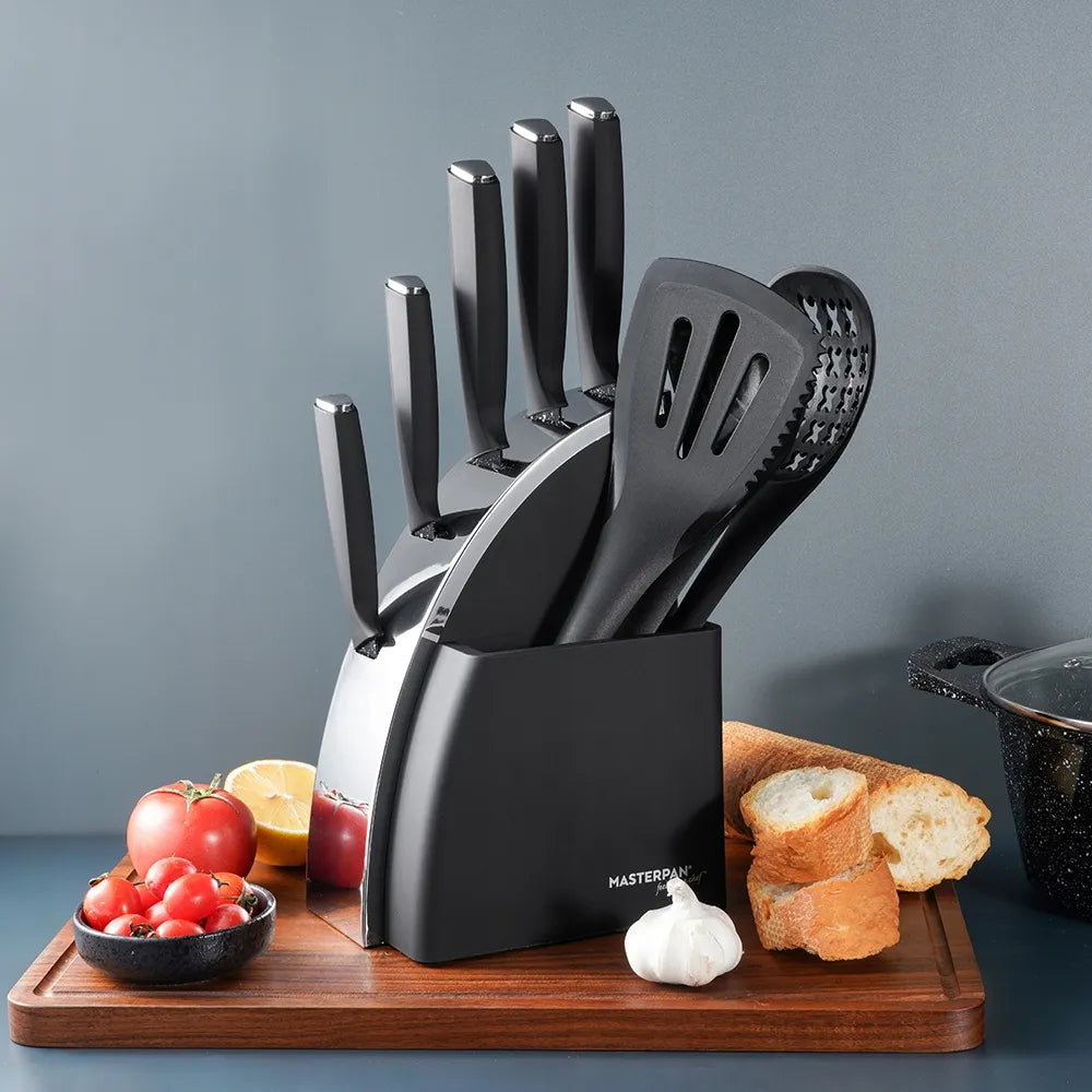 9 dalių peilių ir virtuvės įrankių rinkinys su stovu MASTERPAN