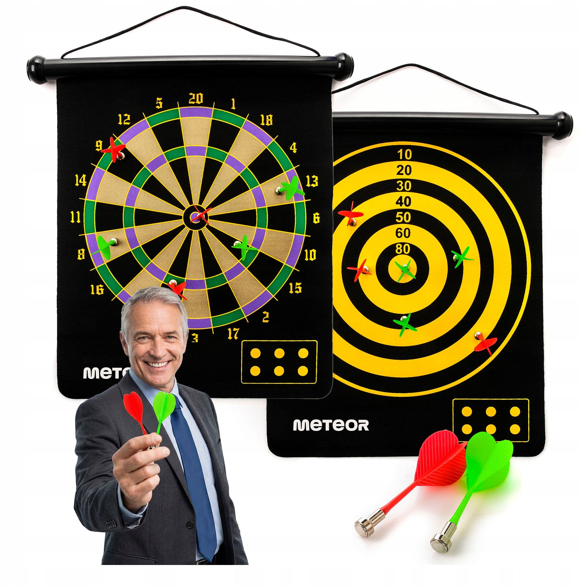 MAGNETINIS DARTŲ TAŠKYMAS DVIPUSIS SUSIKLAPSTOMAS METEOR 2 žaidimai 6 strėlės dėkle