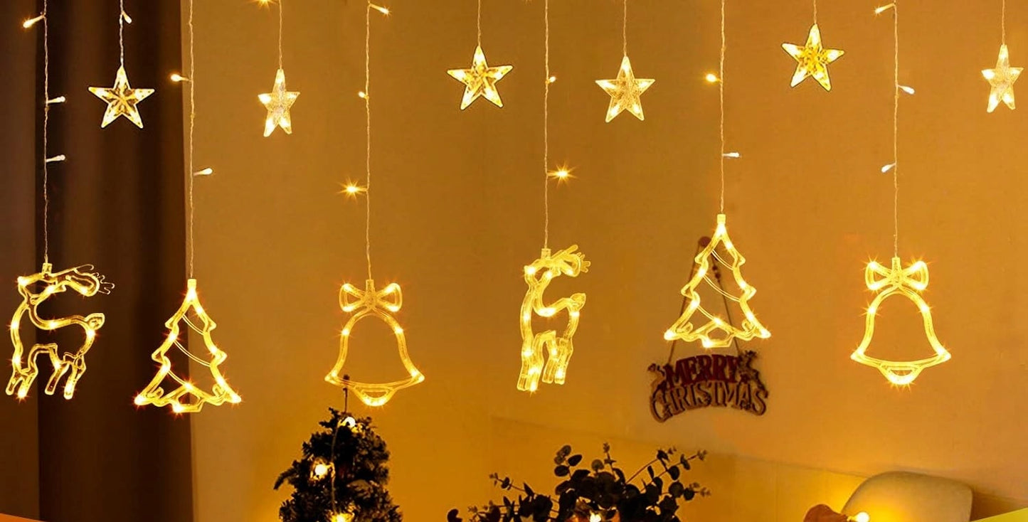 Kalėdinė girlianda užuolaida su briedžiais, elniukais, varpeliais ir eglutėmis