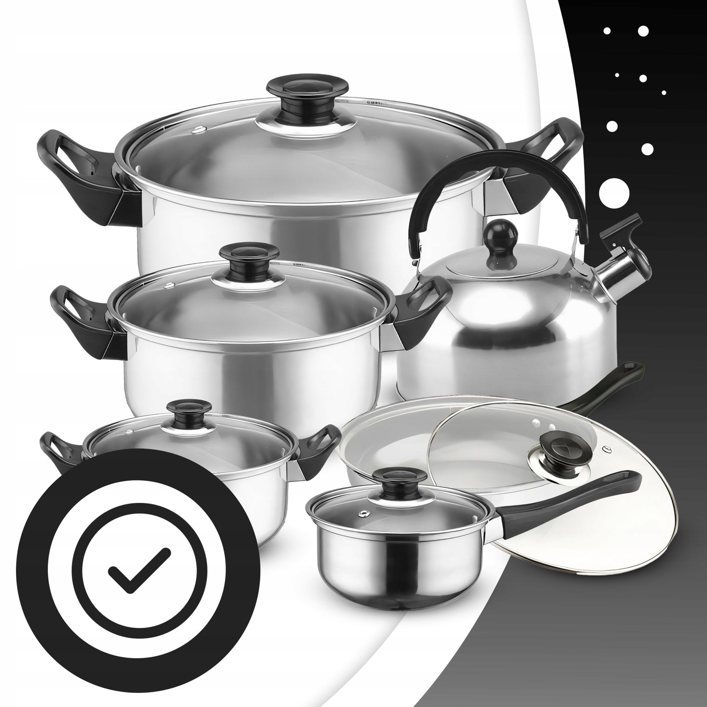 11 VIENETŲ VIRTUVĖS PUODŲ KOMPLEKTAS DUJOMS, INDUKCIJAI, ARBATINUKAS, KEPTUVĖ + DANGČIAI