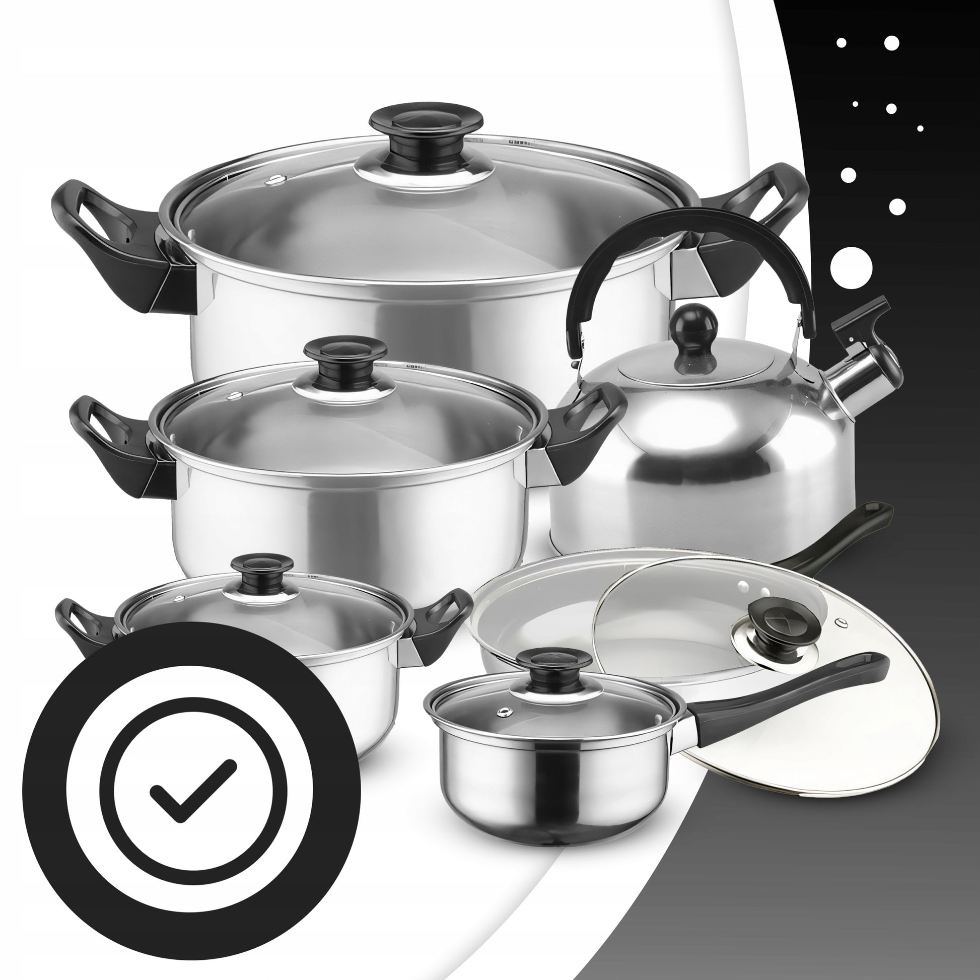 11 VIENETŲ VIRTUVĖS PUODŲ KOMPLEKTAS DUJOMS, INDUKCIJAI, ARBATINUKAS, KEPTUVĖ + DANGČIAI