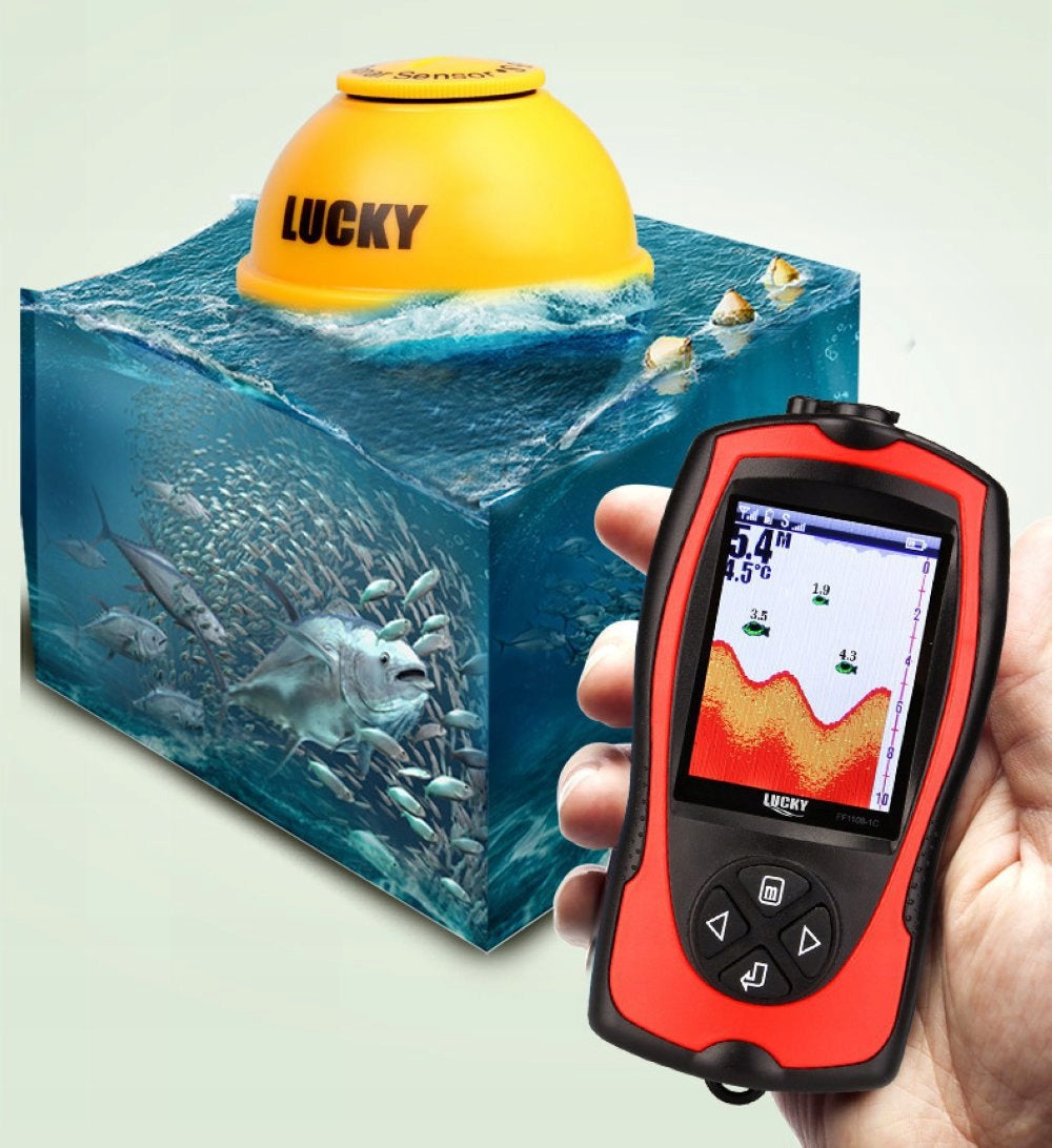 Belaidis žvejybinis echolotas LUCKY 100m su pavojaus signalu, skirtas žvejybiniams laiveliams
