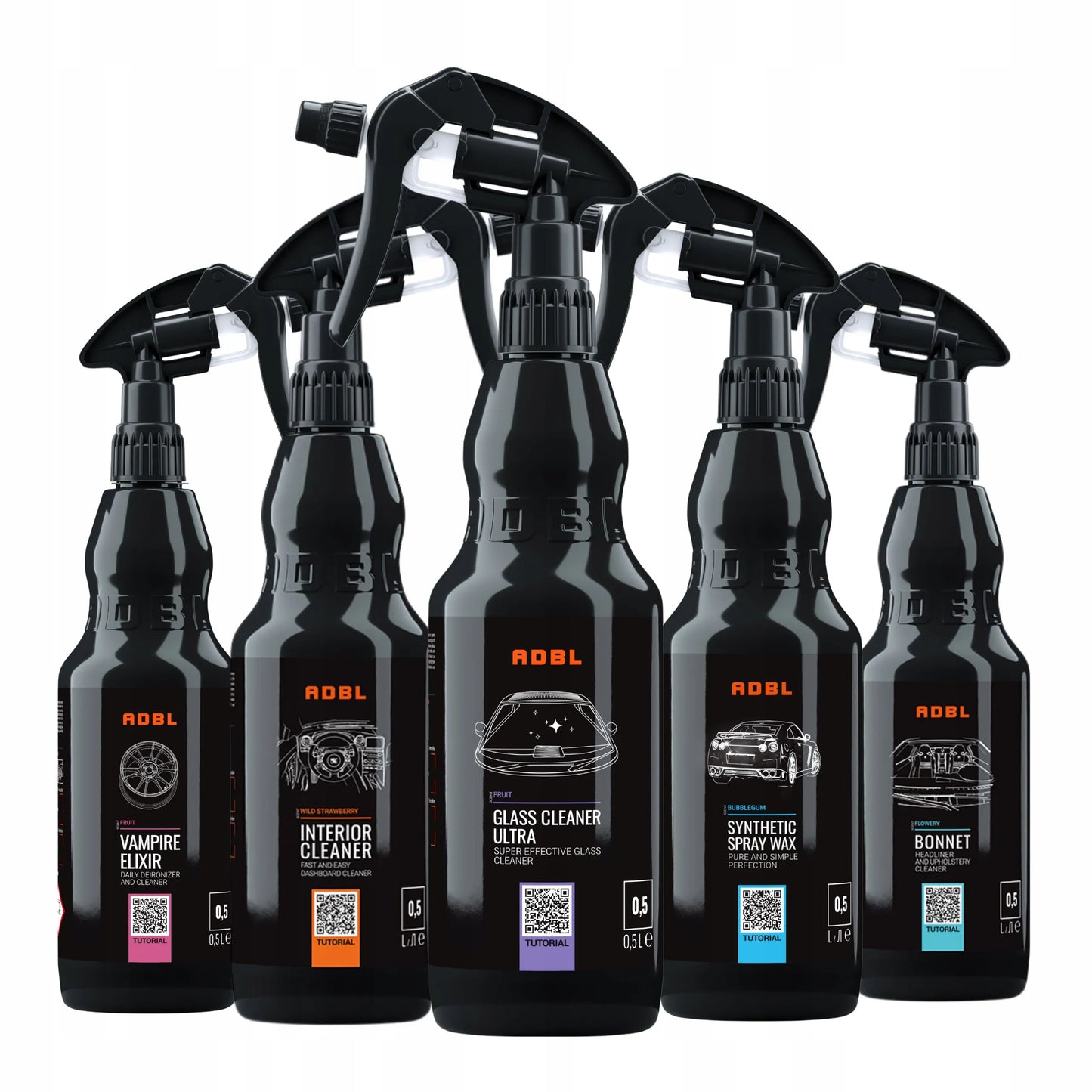 ADBL automobilių priežiūros rinkinys: langams, salonui, ratlankiams ir kėbului 5x 500ml