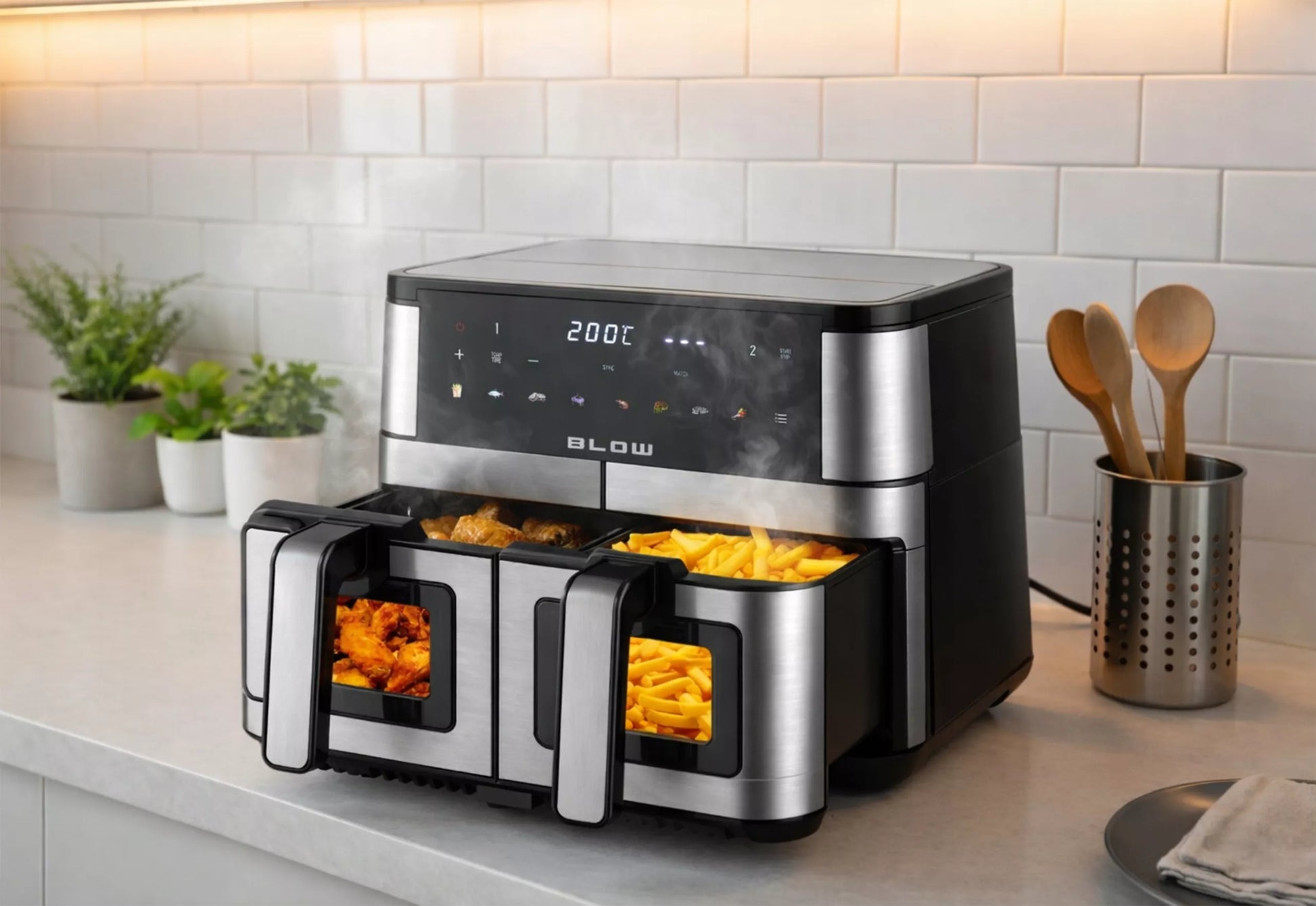 DVIGUBASIS "AIR FRYER" FRYTINĖ BE-ALIEJINĖ KEPIMO KROSNELĖ XXL 9L 2 kaitinimo elementai GALINGA 2600W
