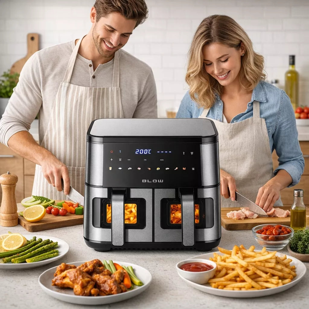 DVIGUBASIS "AIR FRYER" FRYTINĖ BE-ALIEJINĖ KEPIMO KROSNELĖ XXL 9L 2 kaitinimo elementai GALINGA 2600W