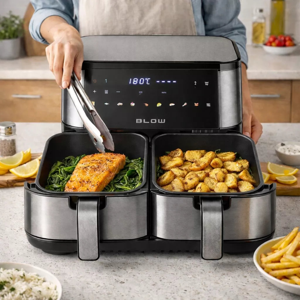 DVIGUBASIS "AIR FRYER" FRYTINĖ BE-ALIEJINĖ KEPIMO KROSNELĖ XXL 9L 2 kaitinimo elementai GALINGA 2600W