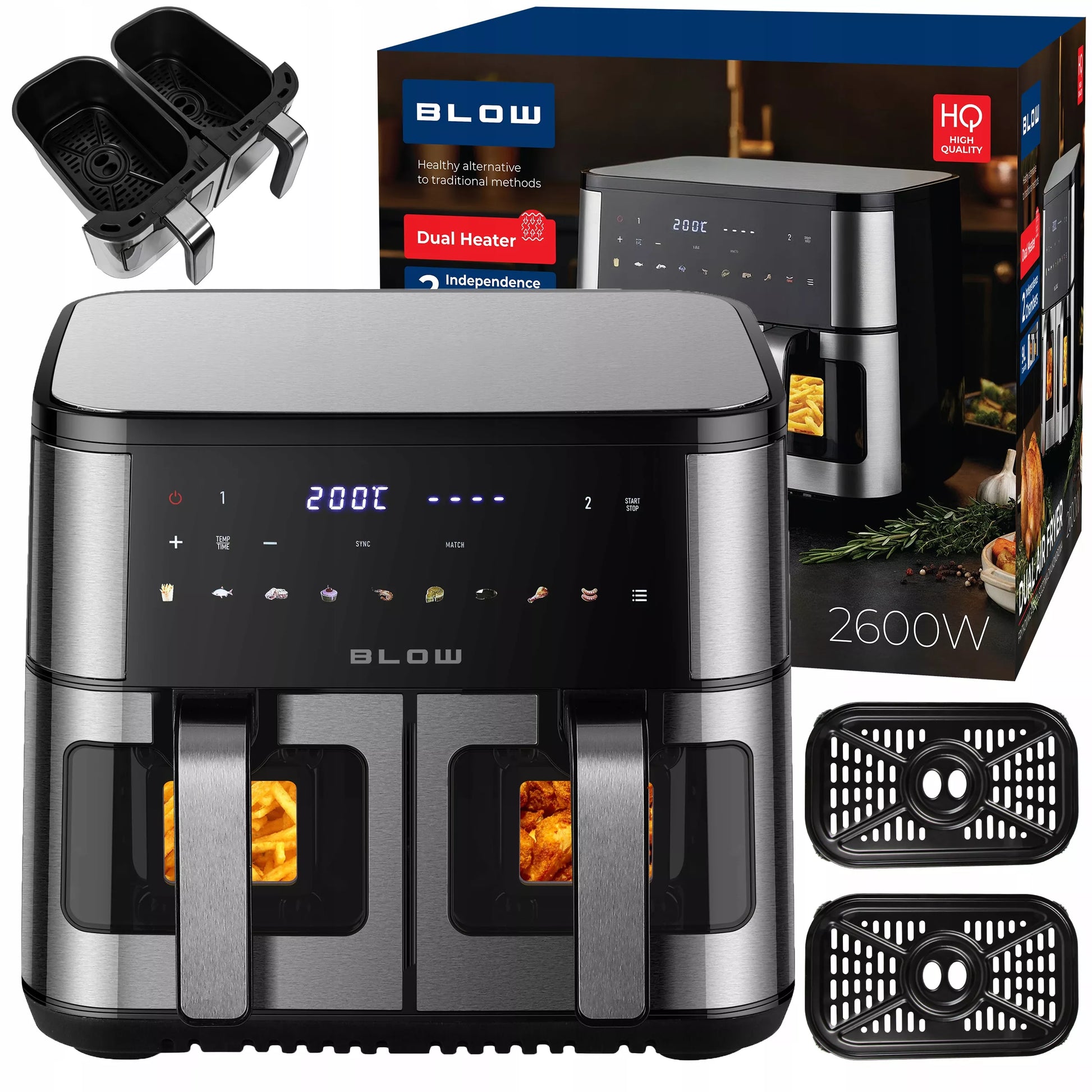 DVIGUBASIS "AIR FRYER" FRYTINĖ BE-ALIEJINĖ KEPIMO KROSNELĖ XXL 9L 2 kaitinimo elementai GALINGA 2600W