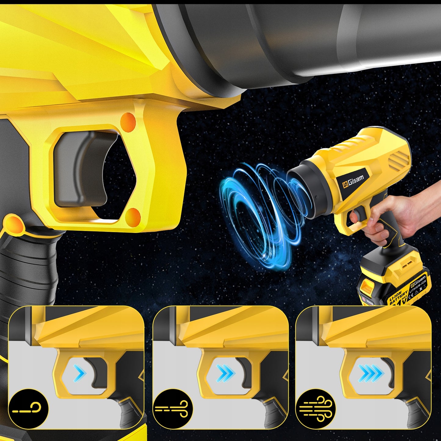 AKUMULIATORINIS SODININKYSTĖS PŪSTUVAS LAPAMS/SNIEGUI/DULKĖMS, 3 ANTGALIAI