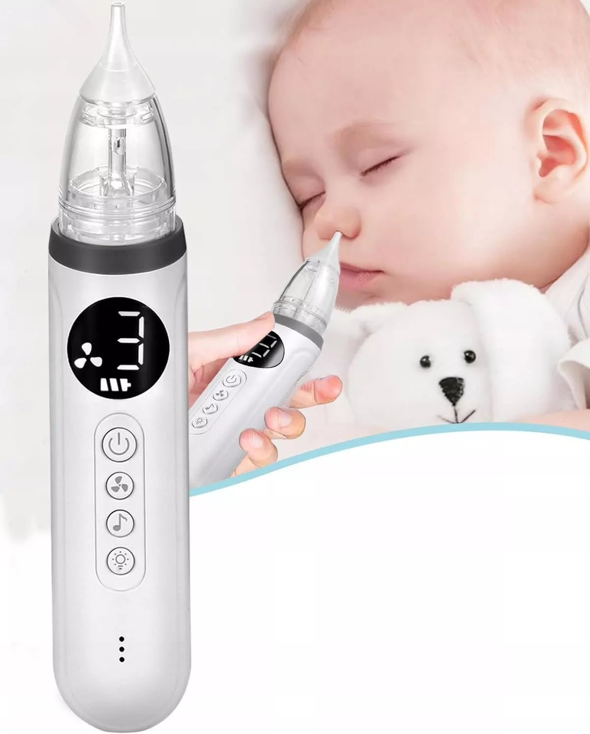 ELEKTRONINIS NOSIES ASPIRATORIUS KŪDIKIAMS SU „BLUETOOTH“ MUZIKA IR 3 ANTGALIŲ KOMPLEKTU