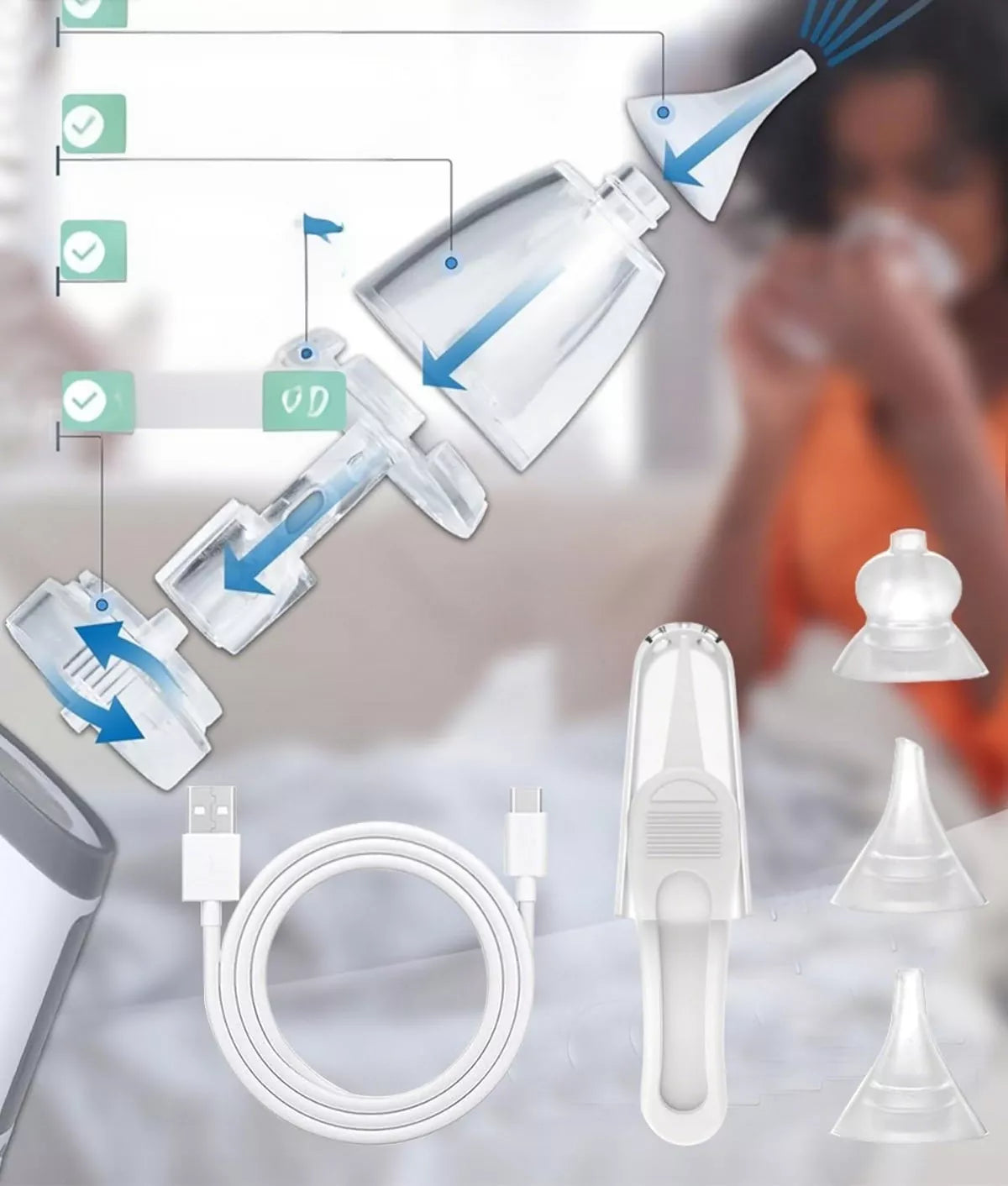 ELEKTRONINIS NOSIES ASPIRATORIUS KŪDIKIAMS SU „BLUETOOTH“ MUZIKA IR 3 ANTGALIŲ KOMPLEKTU