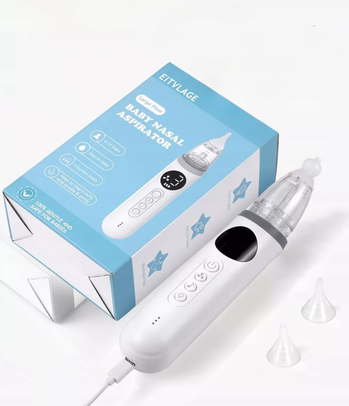 ELEKTRONINIS NOSIES ASPIRATORIUS KŪDIKIAMS SU „BLUETOOTH“ MUZIKA IR 3 ANTGALIŲ KOMPLEKTU