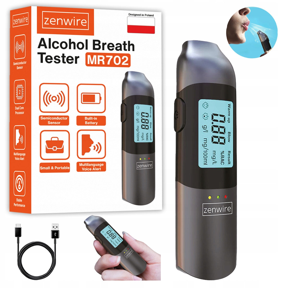 Profesionalus belaidis policijos alkotesteris, USB-C akumuliatorius