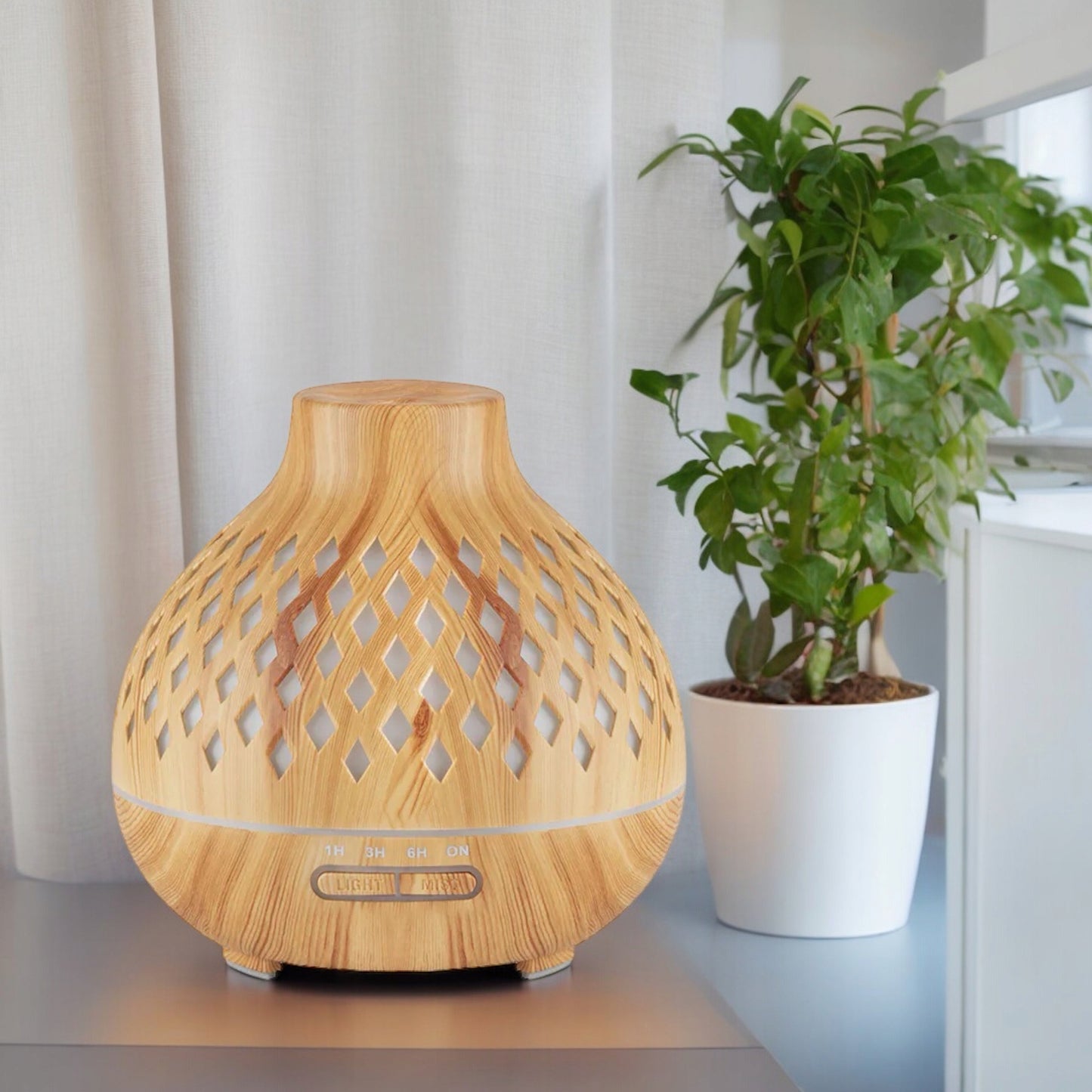 Aromatinis difuzorius ir oro drėkintuvas, šviesaus medžio imitacija, 400 ml + laikmatis