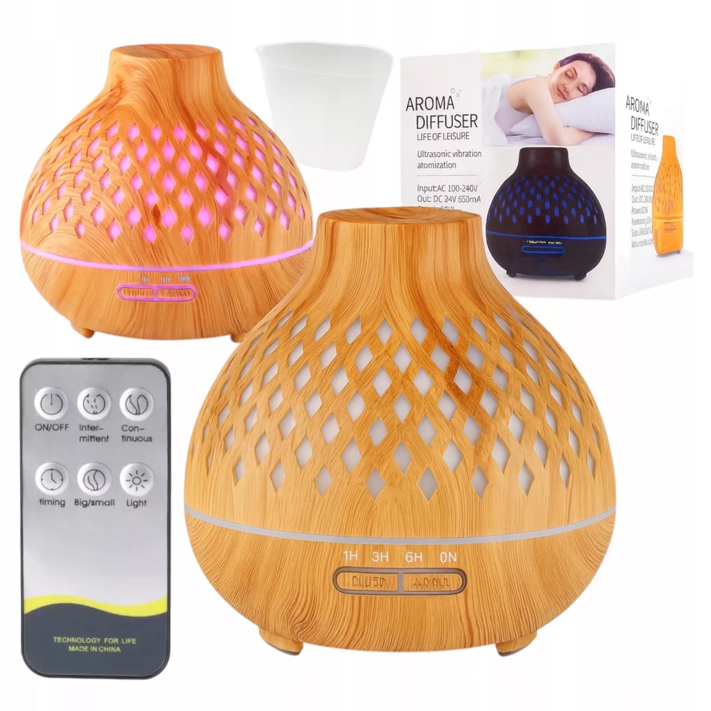 Aromatinis difuzorius ir oro drėkintuvas, šviesaus medžio imitacija, 400 ml + laikmatis