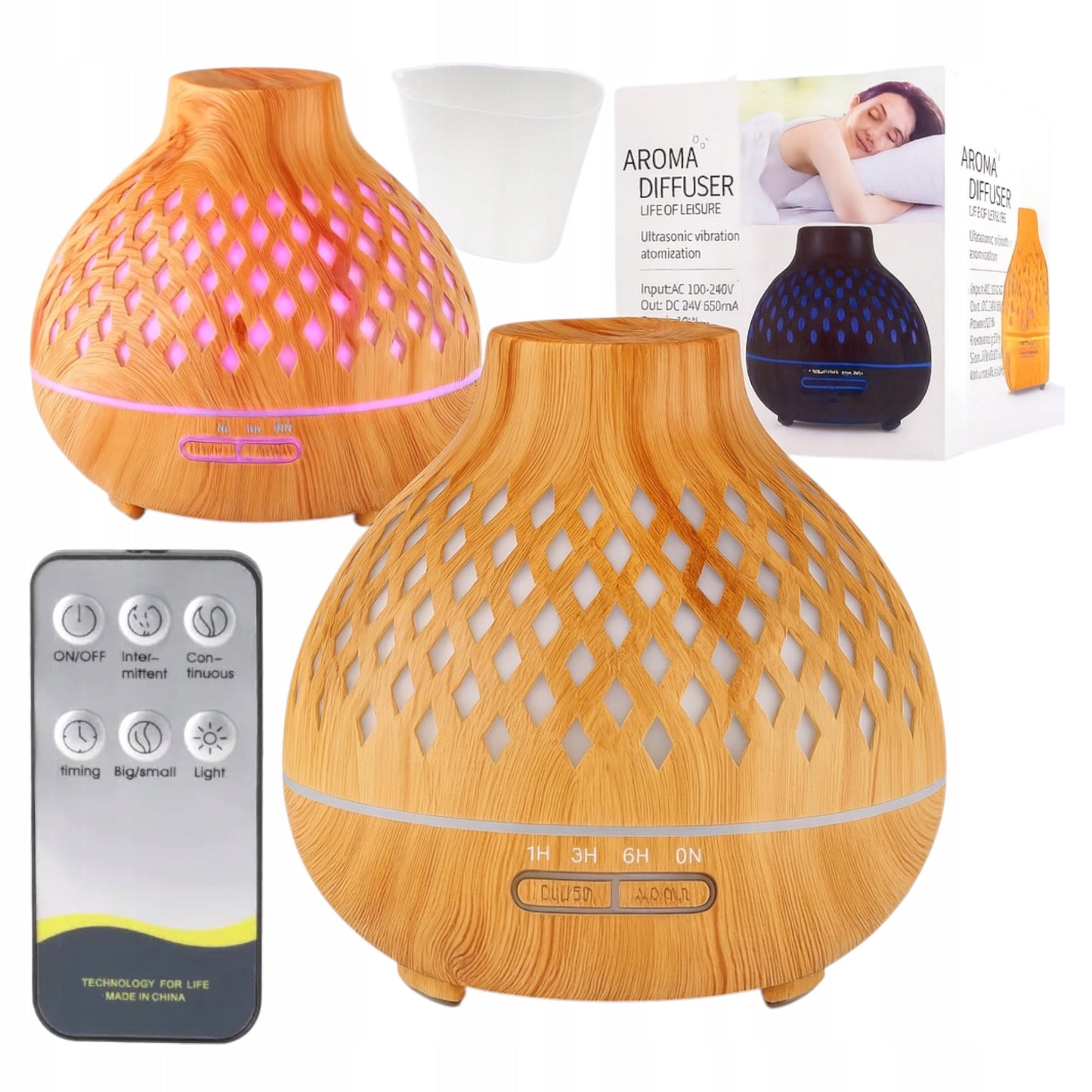 Aromatinis difuzorius ir oro drėkintuvas, šviesaus medžio imitacija, 400 ml + laikmatis