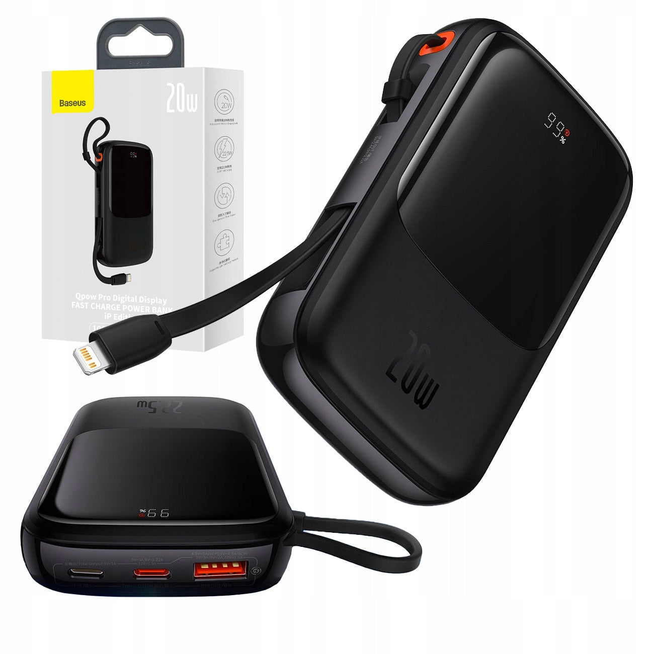 BASEUS POWER BANK 10000 mAh 20W SUJUNGAS KABELIS LIGHTNING GALINGAS POWERBANKIS