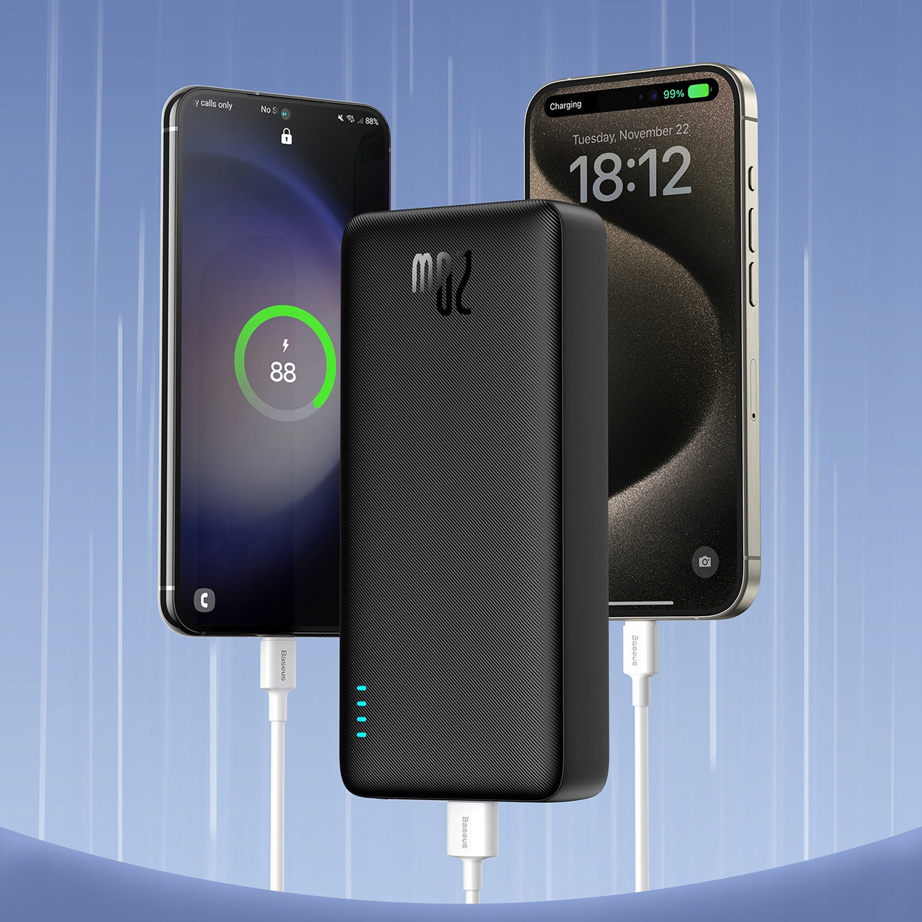 BASEUS POWER BANK 20000MAH 20W SU GREITUOJU ĮKROVIMU USB-C USB-A SU KABELIU