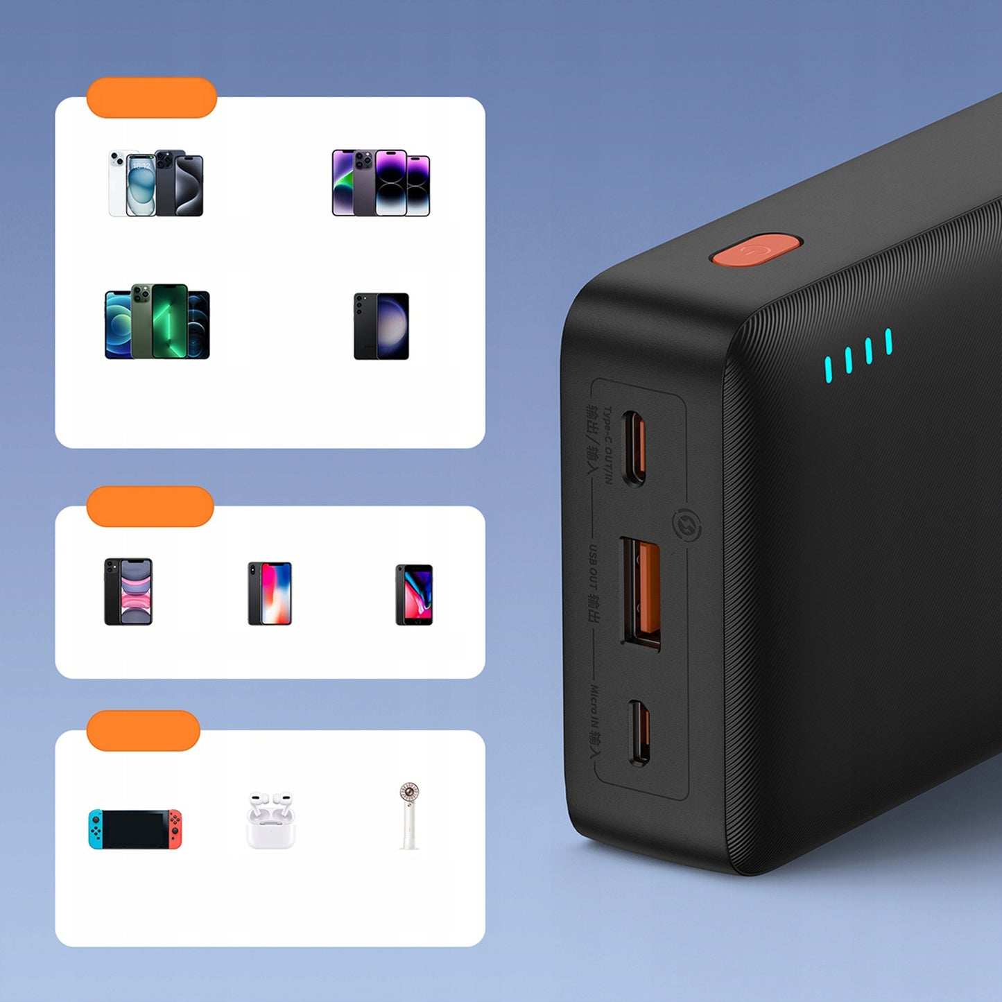 BASEUS POWER BANK 20000MAH 20W SU GREITUOJU ĮKROVIMU USB-C USB-A SU KABELIU