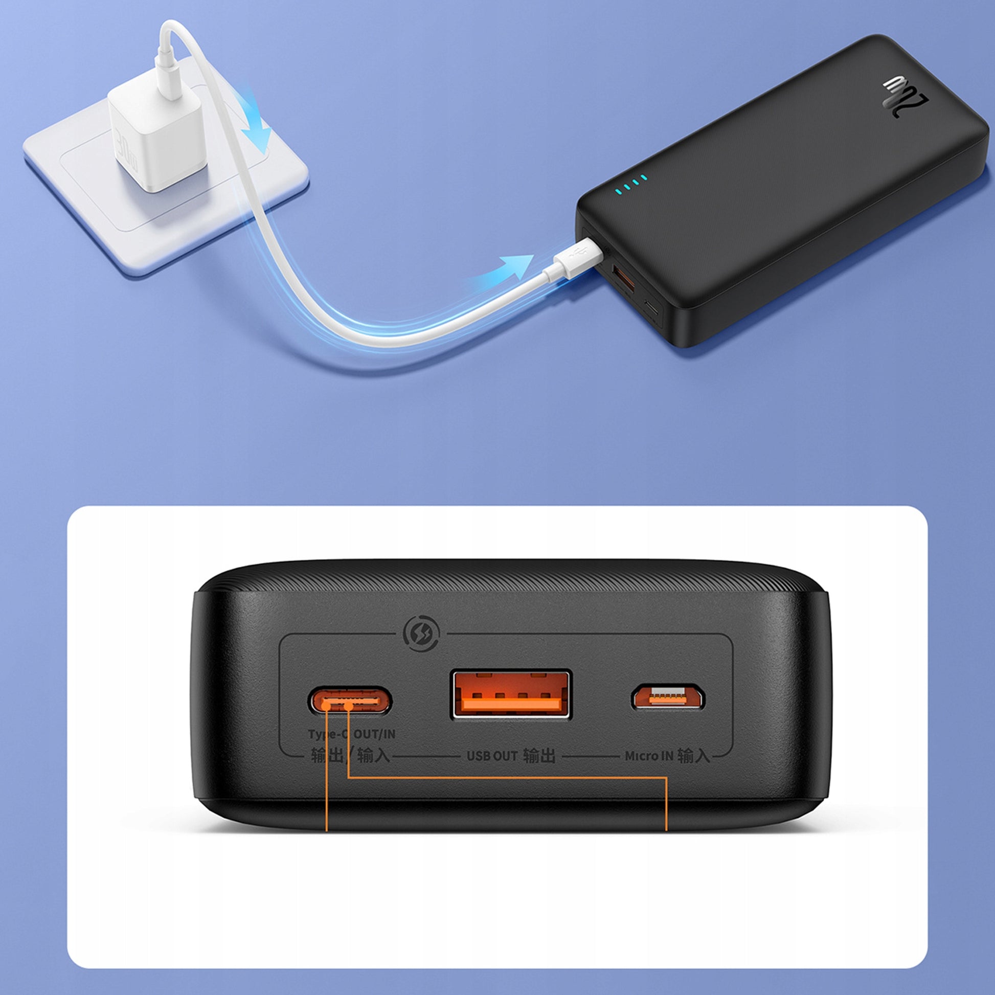 BASEUS POWER BANK 20000MAH 20W SU GREITUOJU ĮKROVIMU USB-C USB-A SU KABELIU
