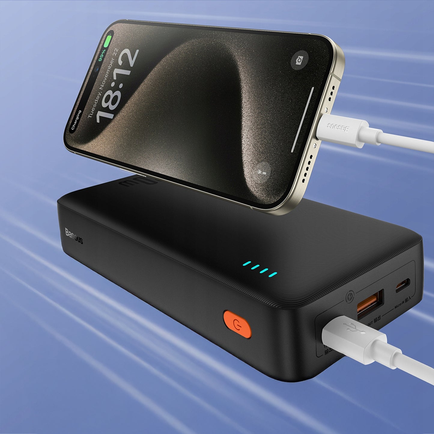 BASEUS POWER BANK 20000MAH 20W SU GREITUOJU ĮKROVIMU USB-C USB-A SU KABELIU