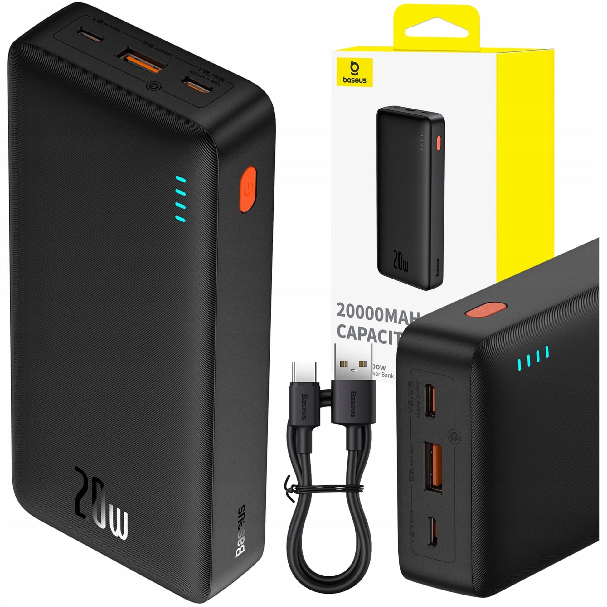 BASEUS POWER BANK 20000MAH 20W SU GREITUOJU ĮKROVIMU USB-C USB-A SU KABELIU